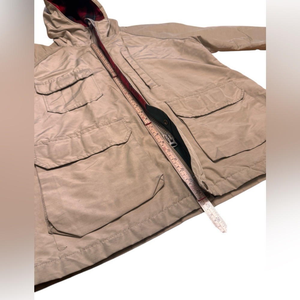 Woolrich Vintage Hooded Field Jacket Tan Plaid Lined Utility Coat Women L XL EUC - Picture 12 of 16